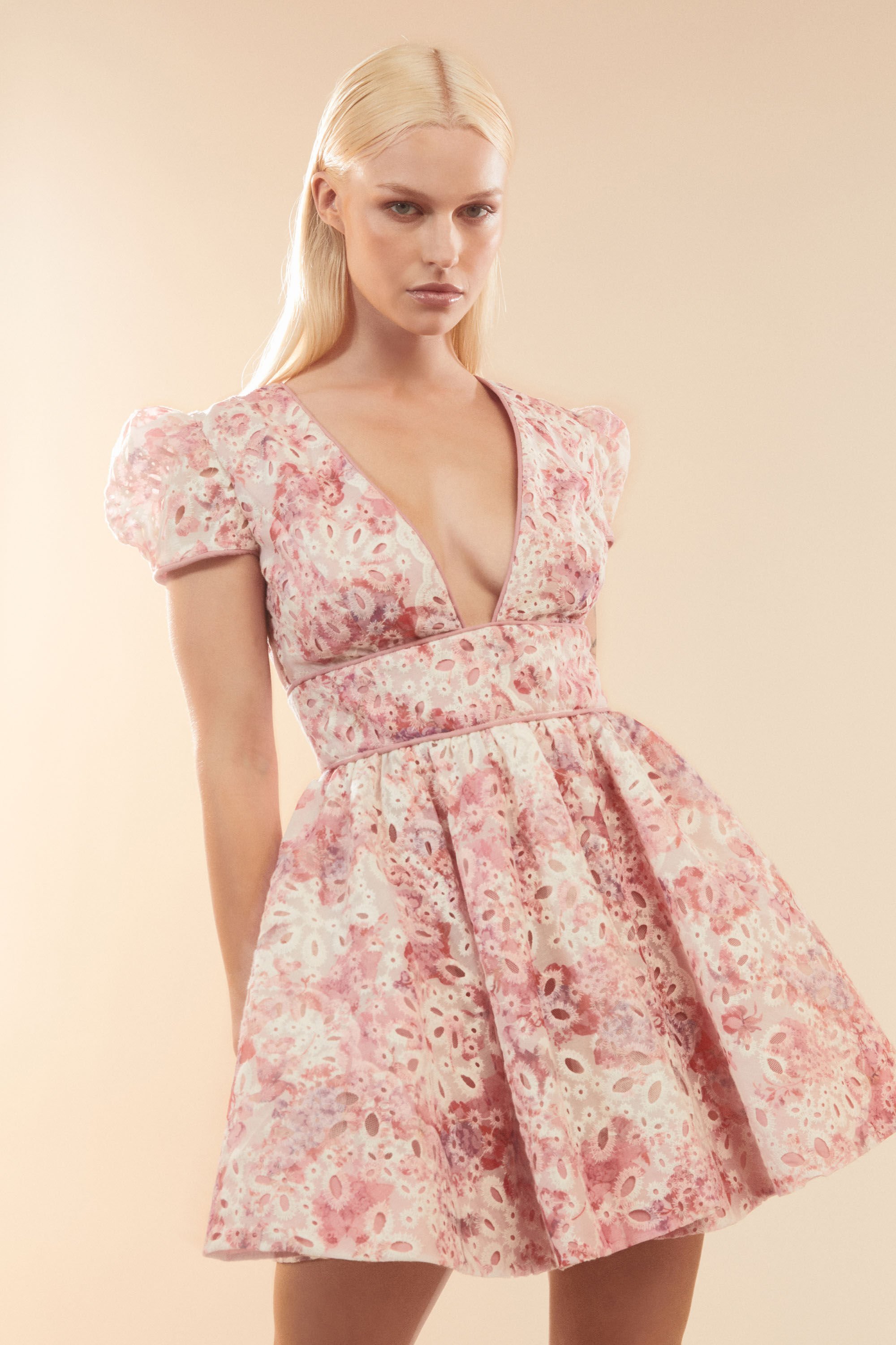 Tamarin Broderie Mini Dress In Pink Floral Bardot